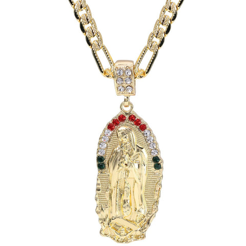 Rugged Oval Mexican Religious Guadalupe Pendant Cubic Zirconia Frost Figaro 24" Gold Plated