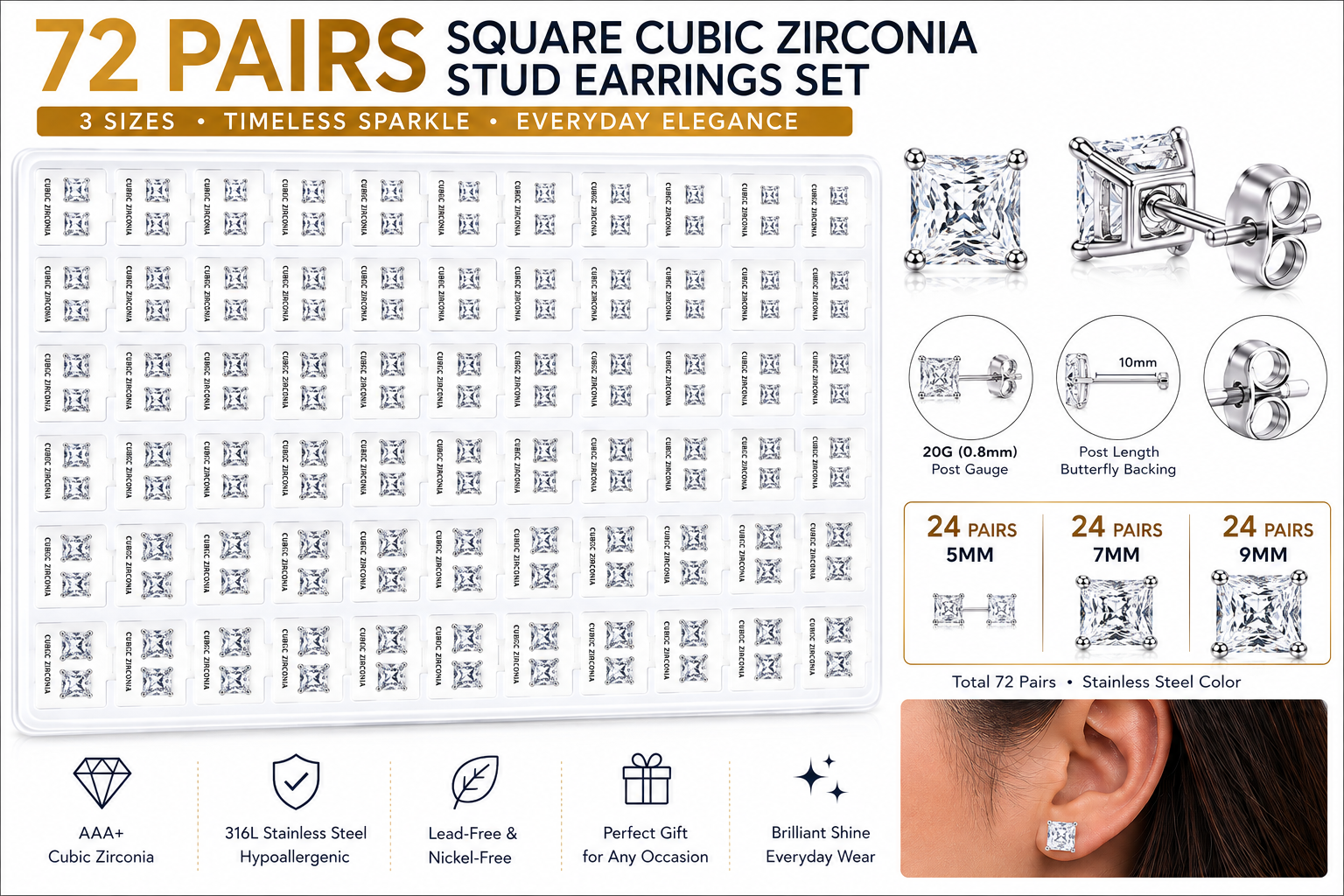 72 Pairs Stainless Steel SQUARE CZ Stud Earrings Set | Hypoallergenic 316L Surgical Steel | 5MM 7MM & 9MM Cubic Zirconia Earrings for Men & Women (Copy)