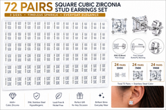 72 Pairs Stainless Steel SQUARE CZ Stud Earrings Set | Hypoallergenic 316L Surgical Steel | 5MM 7MM & 9MM Cubic Zirconia Earrings for Men & Women (Copy)