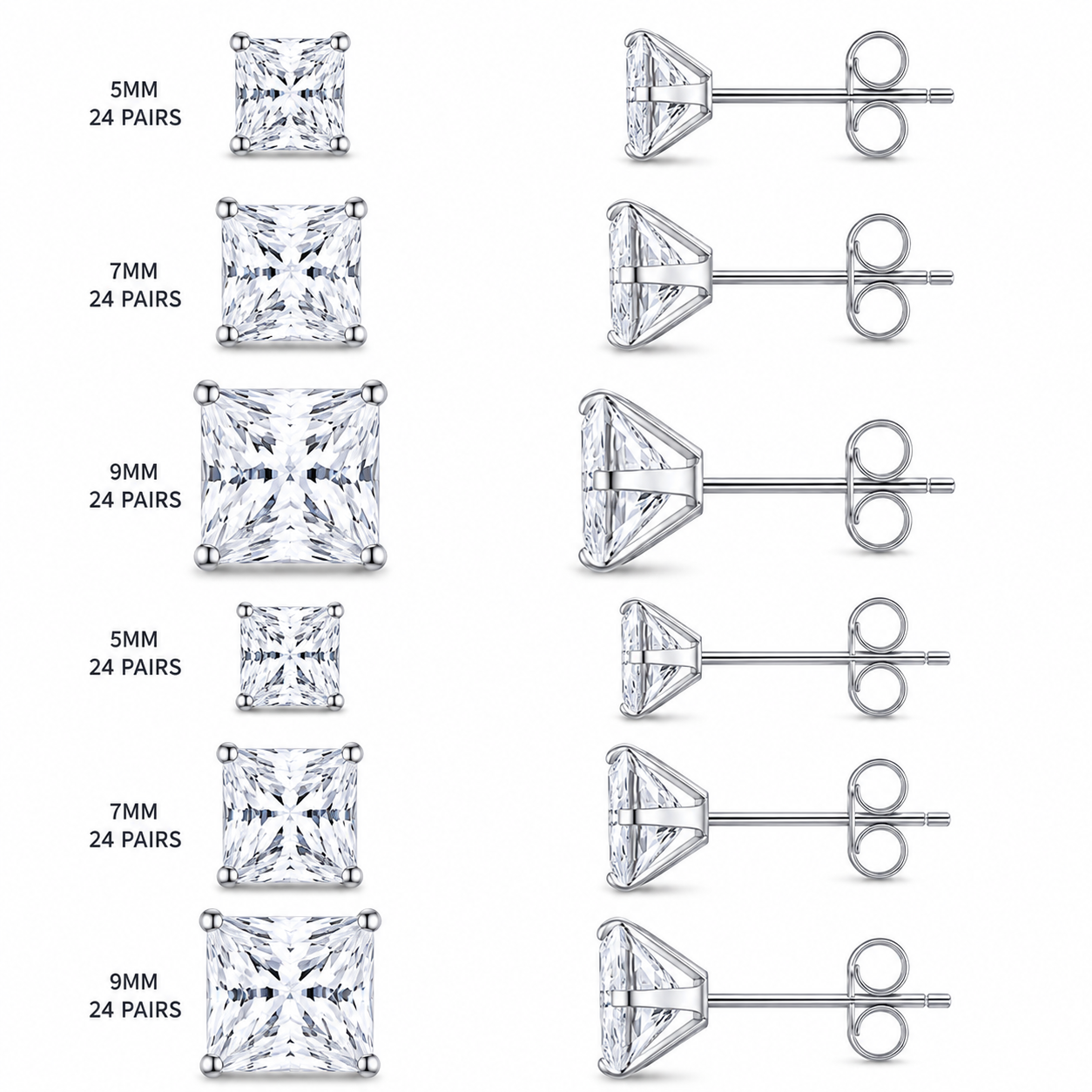 72 Pairs Stainless Steel SQUARE CZ Stud Earrings Set | Hypoallergenic 316L Surgical Steel | 5MM 7MM & 9MM Cubic Zirconia Earrings for Men & Women (Copy)