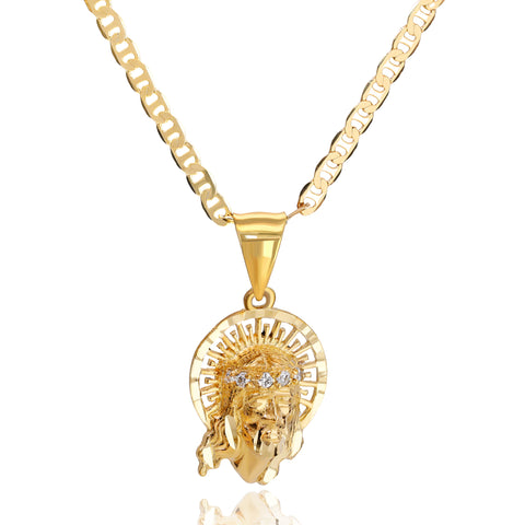 Jesus Halo Face Pendant Mariner Chain 20" Gold Plated