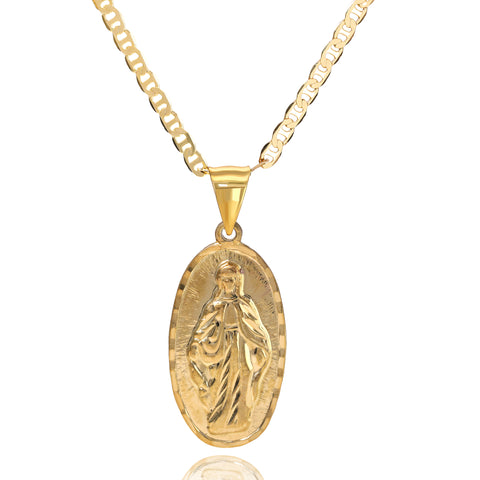 Oval Virgin Mary Pendant Mariner Chain 20" Gold Plated