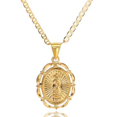 Hollow Virgin Mary Pendant Mariner Chain 20" Gold Plated