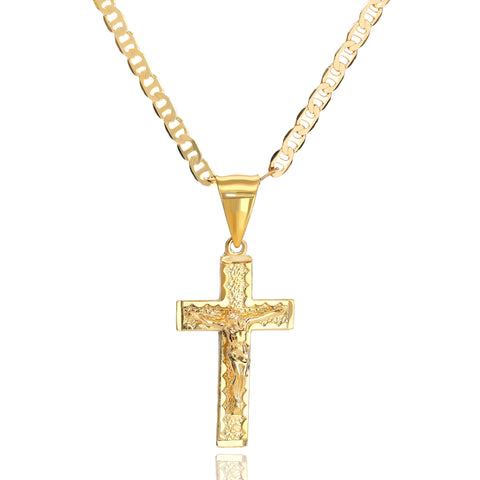 Jesus Cross Nugget Pendant 01 Mariner Chain 20" Gold Plated