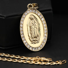 Catholic Oval Plain Guadalupe Pendant Cubic-Zirconia Gold Plated 18" Cuban Chain
