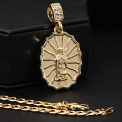 Catholic Oval Web Guadalupe Pendant Cubic-Zirconia Gold Plated 18" Cuban Chain