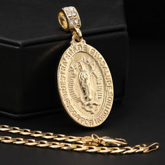 Catholic Engrave Guadalupe Pendant Cubic-Zirconia Gold Plated 18" Cuban Chain