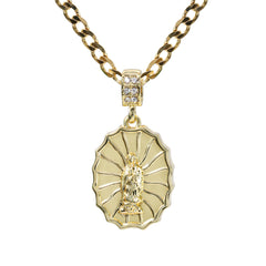 Catholic Oval Web Guadalupe Pendant Cubic-Zirconia Gold Plated 18" Cuban Chain