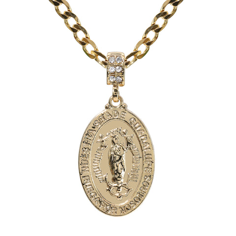 Catholic Engrave Guadalupe Pendant Cubic-Zirconia Gold Plated 18" Cuban Chain