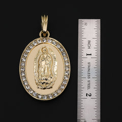 Catholic Oval Plain Guadalupe Pendant Cubic-Zirconia Gold Plated 18" Cuban Chain