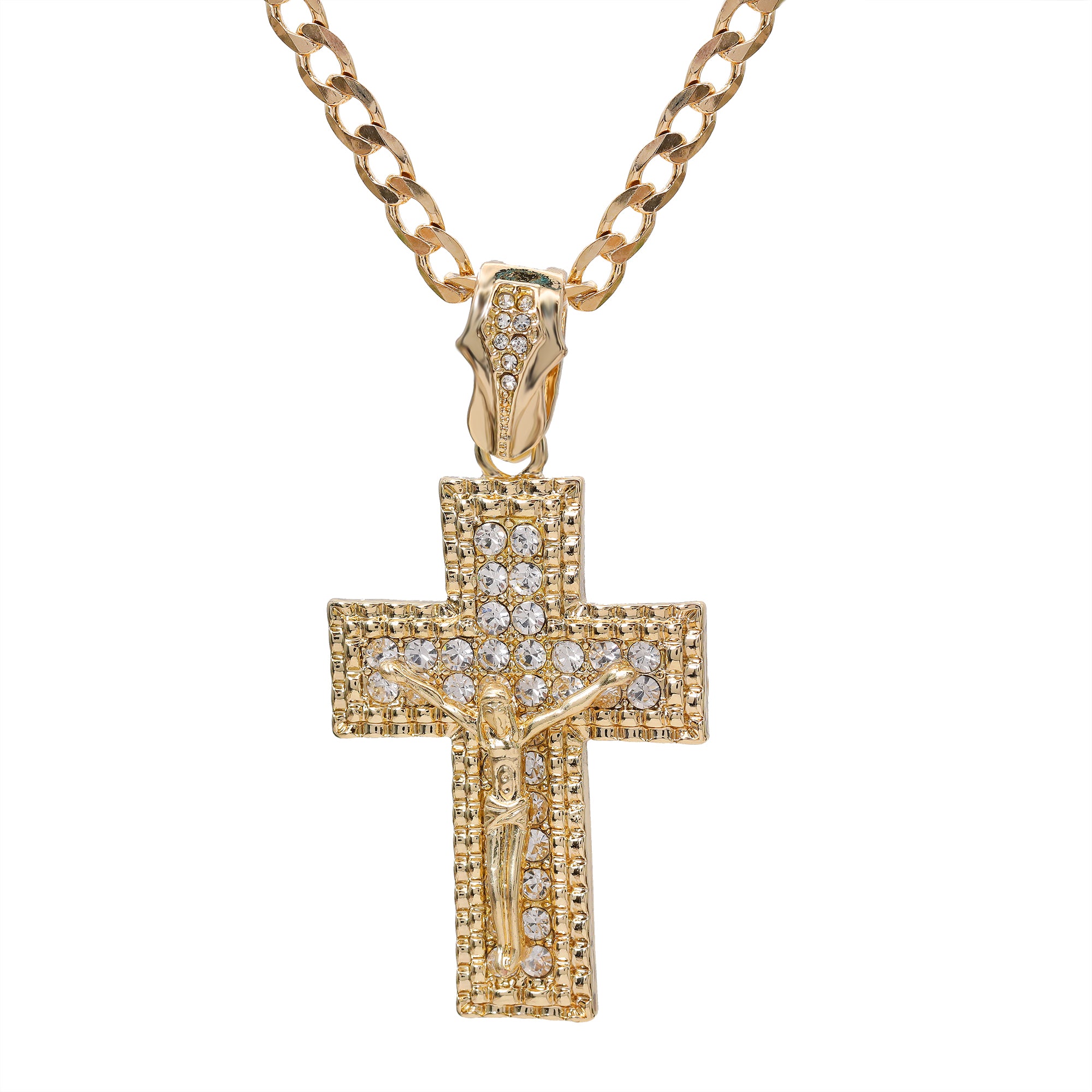 2 Row M1 Jesus Cross Pendant Cubic-Zirconia Gold Plated 18" Cuban Chain
