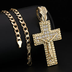 2 Row M1 Jesus Cross Pendant Cubic-Zirconia Gold Plated 18" Cuban Chain