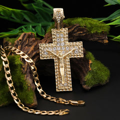 2 Row M1 Jesus Cross Pendant Cubic-Zirconia Gold Plated 18" Cuban Chain