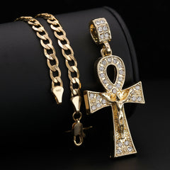 Thick Ankh Jesus Cross Pendant Cubic-Zirconia Gold Plated 18" Cuban Chain