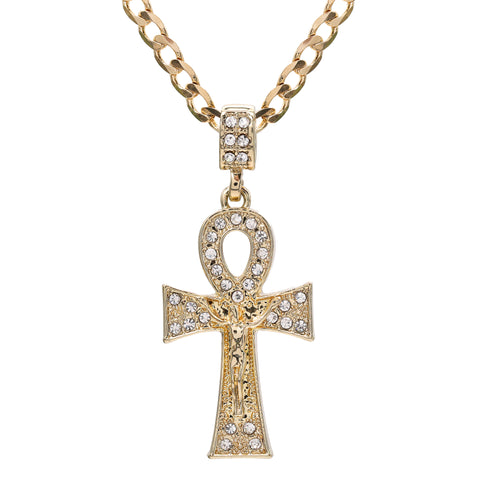 Thick Ankh Jesus Cross Pendant Cubic-Zirconia Gold Plated 18" Cuban Chain