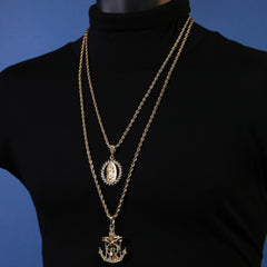 Jesus Anchor & Catholic Round Spike Mary Pendant Gold Plated 24, 30 Rope Chain Cubic-Zirconia