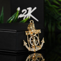 Jesus Anchor & Catholic Oval Guadalupe Pendant Gold Plated 24, 30 Rope Chain Cubic-Zirconia