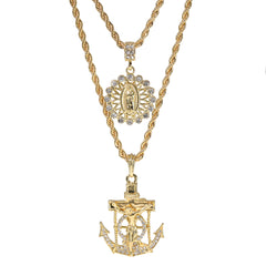Jesus Anchor & Catholic Round Line Mary Pendant Gold Plated 24 30 Rope Chain Cubic-Zirconia