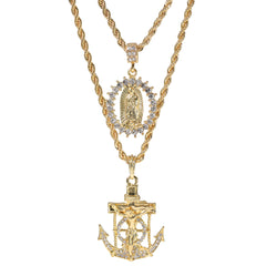 Jesus Anchor & Catholic Round Spike Mary Pendant Gold Plated 24, 30 Rope Chain Cubic-Zirconia