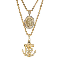 Jesus Anchor & Catholic Oval Guadalupe Pendant Gold Plated 24, 30 Rope Chain Cubic-Zirconia