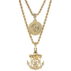 Jesus Anchor & Catholic Mary Pendant Gold Plated 24, 30 Rope Chain Cubic-Zirconia