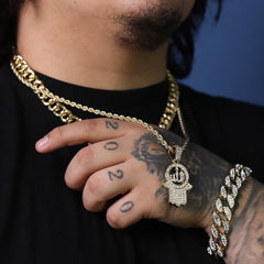 Cz Hamsa & Allah Pendant 24" Rope Chain Hip Hop 18k Jewelry Necklace