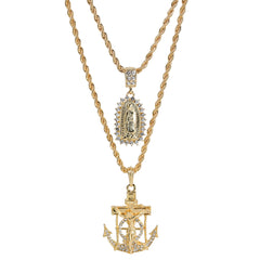 Jesus Anchor Oval Spike Mary Pendant Gold Plated 24, 30 Rope Chain Cubic-Zirconia