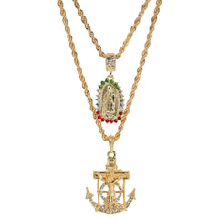 Jesus Anchor & Catholic Oval Spike Guadalupe Pendant Gold Plated 24 30 Rope Chain Cubic-Zirconia