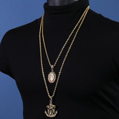 Jesus Anchor & Catholic Round Mary Pendant Gold Plated 24, 30 Rope Chain Cubic-Zirconia
