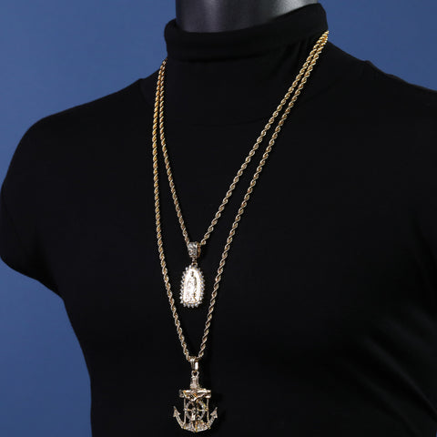 Jesus Anchor Oval Spike Mary Pendant Gold Plated 24, 30 Rope Chain Cubic-Zirconia