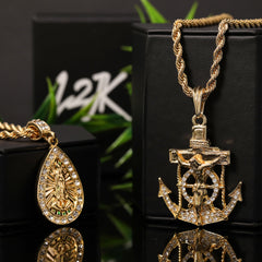 Jesus Anchor & Rain Drop Mary Pendant Gold Plated 24 30 Rope Chain Cubic-Zirconia