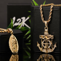 Jesus Anchor & Catholic Oval Wavy Mary Guadalupe Pendant Gold Plated 24, 30 Rope Chain Cubic-Zirconia