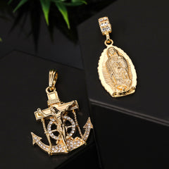 Jesus Anchor & Catholic Oval Wavy Mary Guadalupe Pendant Gold Plated 24, 30 Rope Chain Cubic-Zirconia