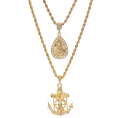 Jesus Anchor & Rain Drop Mary Pendant Gold Plated 24 30 Rope Chain Cubic-Zirconia