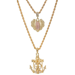Jesus Anchor & Catholic Heart Mary Pendant Gold Plated 24 30 Rope Chain Cubic-Zirconia