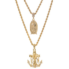Jesus Anchor & Catholic Thick Oval Mary Guadalupe Pendant Gold Plated 24, 30 Rope Chain Cubic-Zirconia