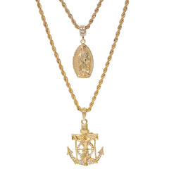 Jesus Anchor & Catholic Oval Wavy Mary Guadalupe Pendant Gold Plated 24, 30 Rope Chain Cubic-Zirconia