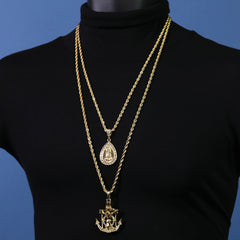 Jesus Anchor & Rain Drop Mary Pendant Gold Plated 24 30 Rope Chain Cubic-Zirconia