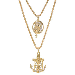 Jesus Anchor & Round Cross Mary Pendant Gold Plated 24, 30 Rope Chain Cubic-Zirconia