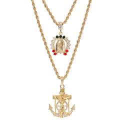 Jesus Anchor Horse Shoe Mary Pendant Gold Plated 24 30 Rope Chain Cubic-Zirconia
