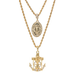 Jesus Anchor & Oval Engrave Mary Pendant Gold Plated 24, 30 Rope Chain Cubic-Zirconia