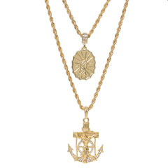 Jesus Anchor Oval Web Mary Pendant Gold Plated 24 30 Rope Chain Cubic-Zirconia