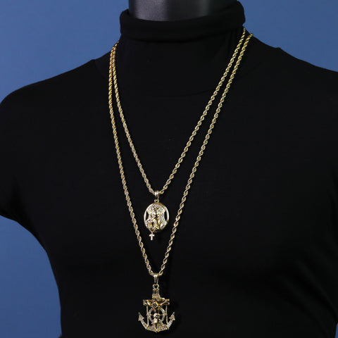 Jesus Anchor & Round Cross Mary Pendant Gold Plated 24, 30 Rope Chain Cubic-Zirconia
