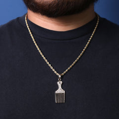 Afro Pick Cz Pendant 24" Rope Chain Hip Hop Style 18k Gold Plated