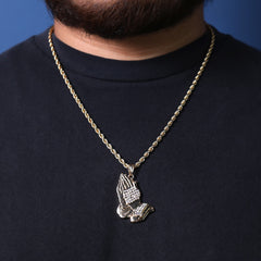 Prayer Hand Cz Pendant 24" Rope Chain Hip Hop Style 18k Gold Plated