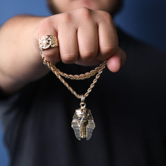 Egyptian Pharaoh Tut Pendant 24" Rope Chain Hip Hop Style 18k Gold Plated