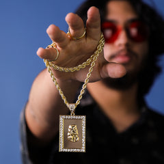 Jesus Face Framed Pendant 30" Rope Chain Hip Hop Style 18k Gold Plated