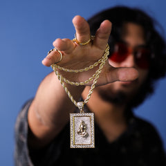 Prayer Hand Framed Pendant 30" Rope Chain Hip Hop Style 18k Gold Plated