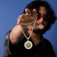 Lion Pattern Coin Pendant 30" Rope Chain Hip Hop Style 18k Gold Plated