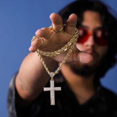 Stardust Cross Pendant 30" Rope Chain Hip Hop Style 18k Gold Plated